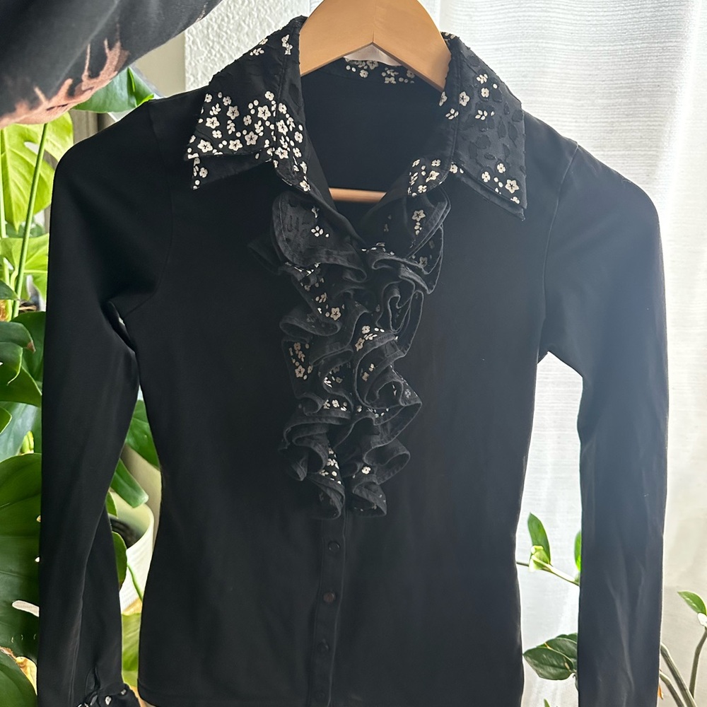 Anne Fontaine Black Button Down Shirt with Floral Accents